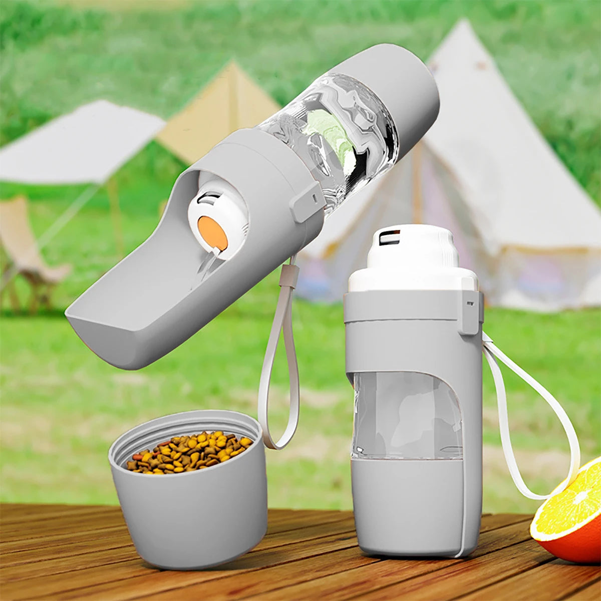 Garrafa Portátil para Cachorros e Gatos com Compartimento para Água e Ração – Ideal para Passeios e Viagens